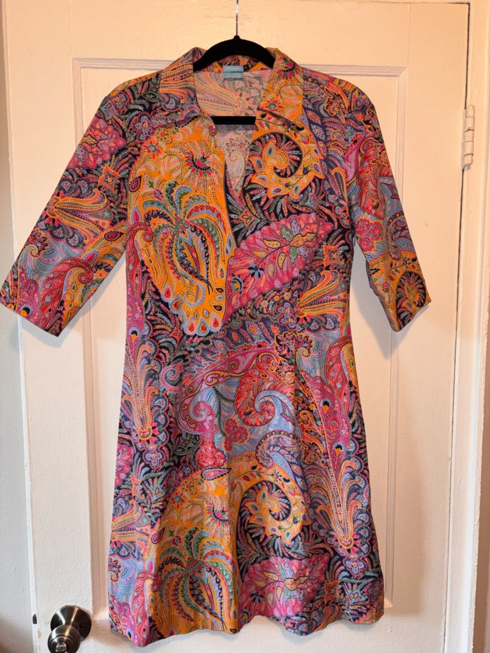 J McLaughlin Cotton Shirt Dress Pink Print Paisley Preppy Resort Popover Shift 4